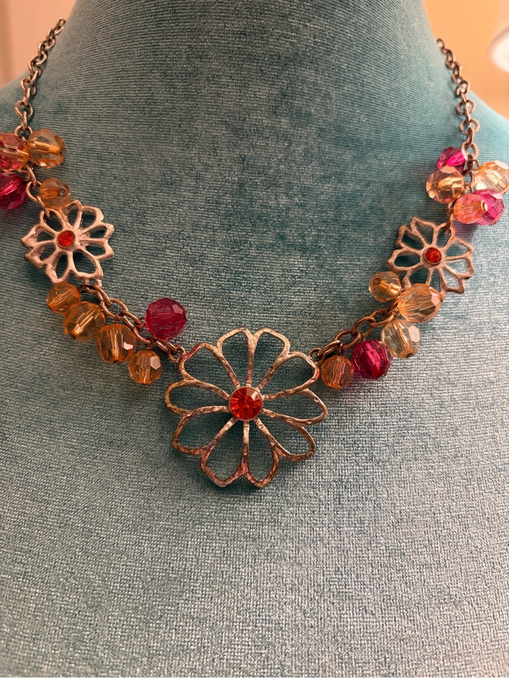 Floral Pink & Amber Crystal Pendant Necklace